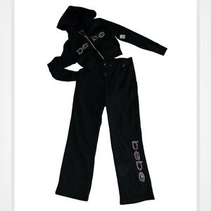 BEBE BLACK BLING CLEAR RHINESTONE FLEECE TRACKSUIT SWEATSUIT MEDIUM NWT